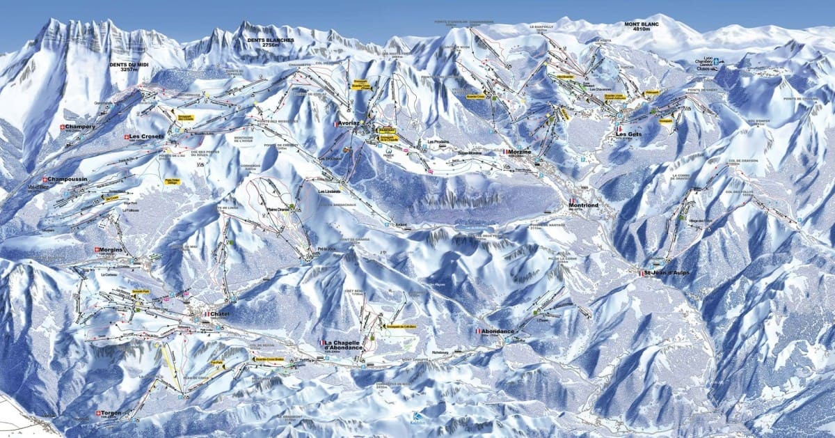 Le plan des pistes de ski du domaine Portes du Soleil