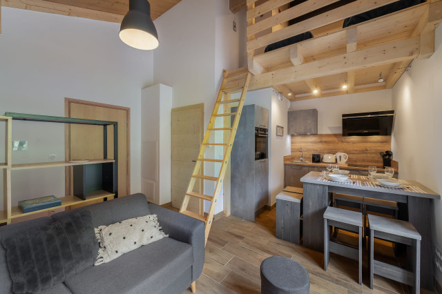 Résidence les Perles de Savoie 4 personnes Châtel centre, Séjour Mezzanine, Vacances Montagne Snowboard