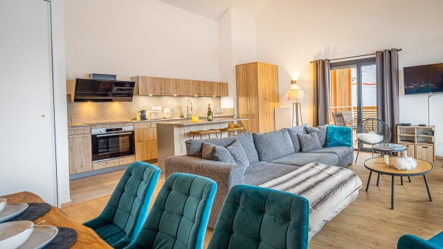 Résidence the View, 8 personnes, Châtel, centre du village, salon, salle à manger, cuisine équipée