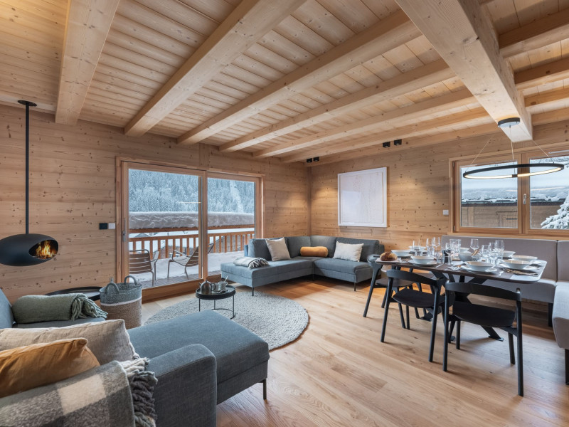 Appartement dans chalet 3 fontaines C1, Séjour, Cheminée, Châtel Vacances au ski