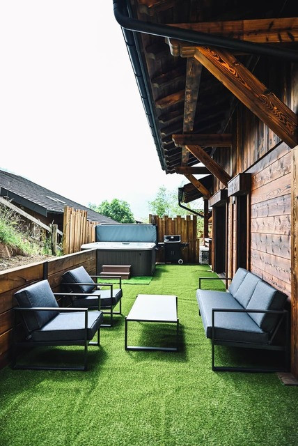 Chalet Bonatti, terrace, Châtel vacations family summer sun hiking cow mountain